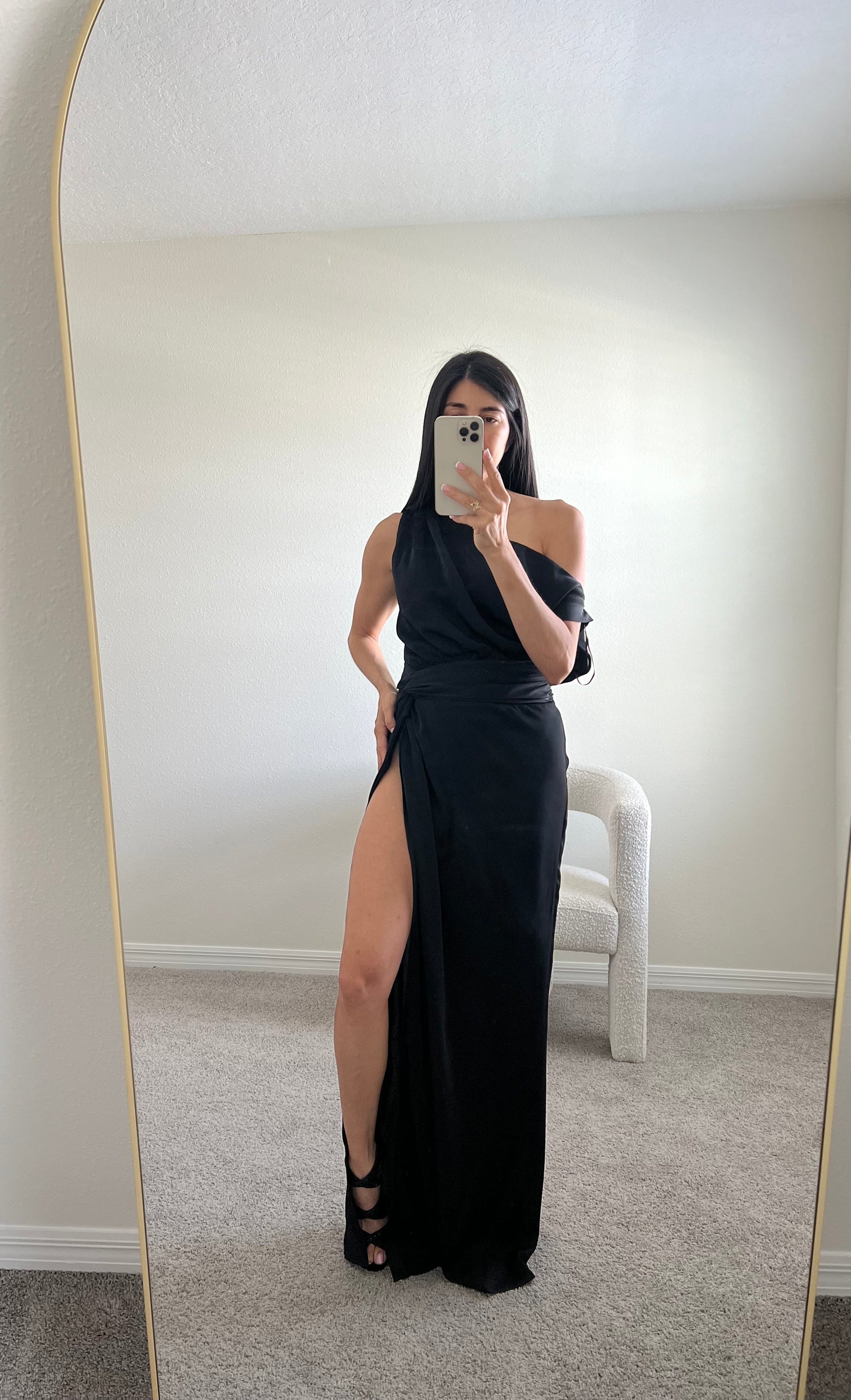 Annie Solid Satin Off Shoulder Maxi Dress